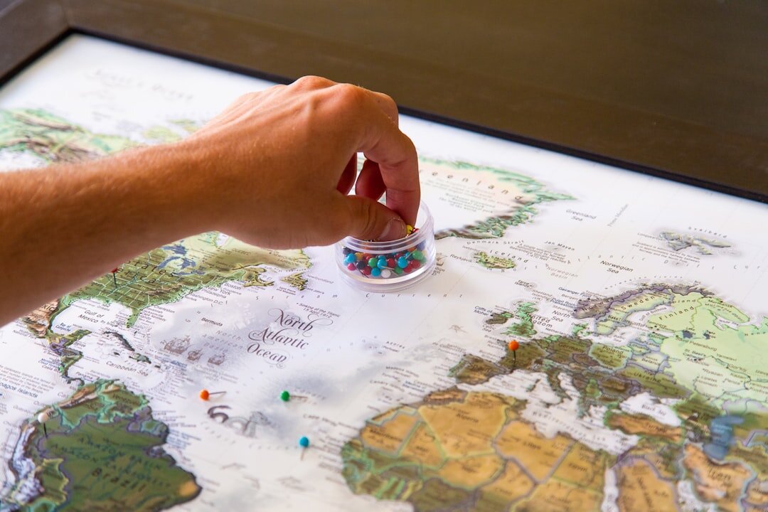 world map with pins